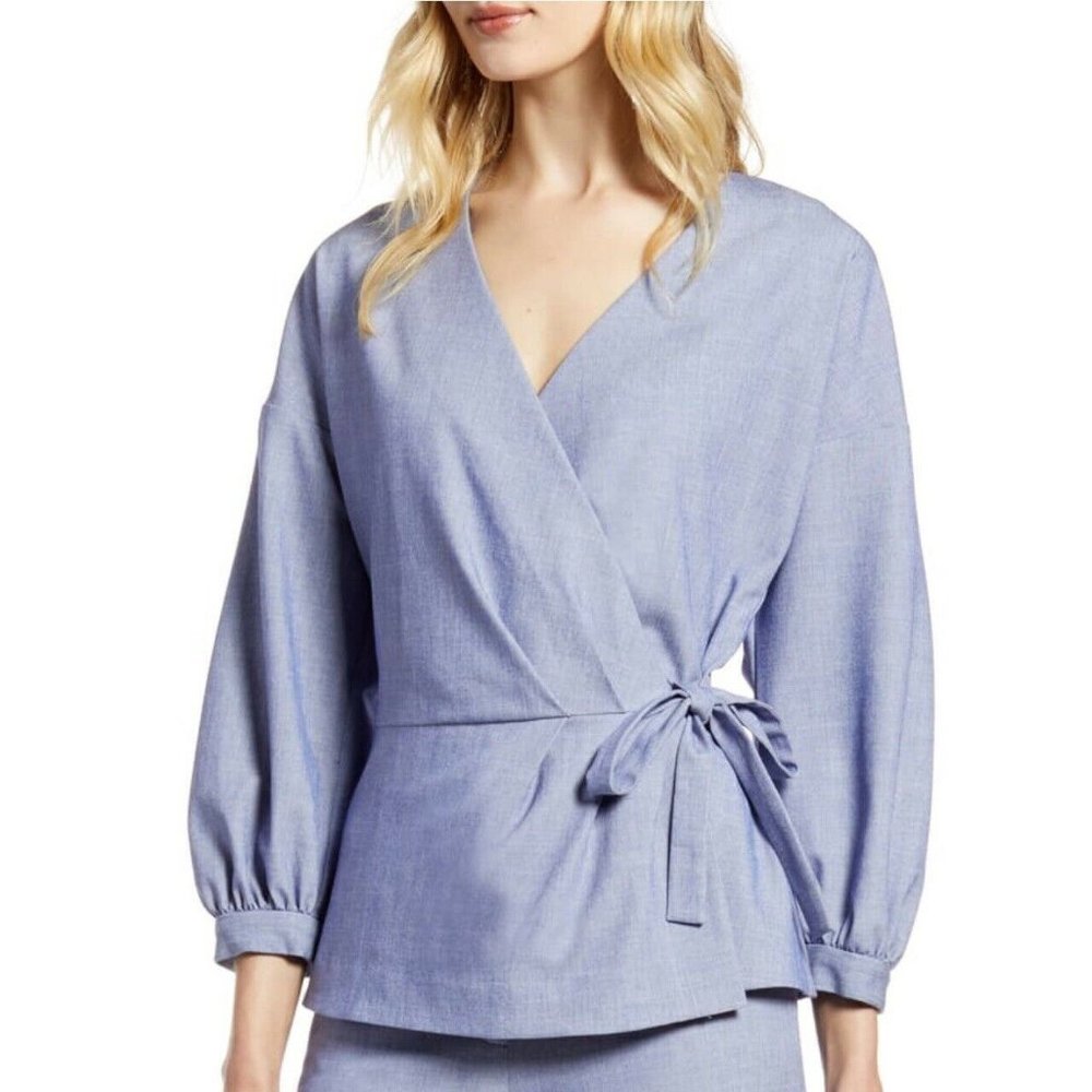 Halogen Chambray Shirt Jacket Blue Wrap Peplum L